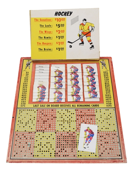 Vintage Hockey Gambling Punchboard with Associated Betting Cards/Prizes