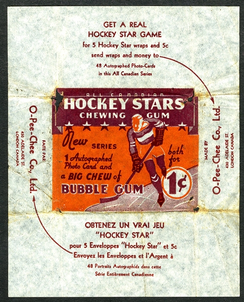 1937-38 O-Pee-Chee "Series E" Hockey Card Wrapper with "Hockey Star Game" Offer