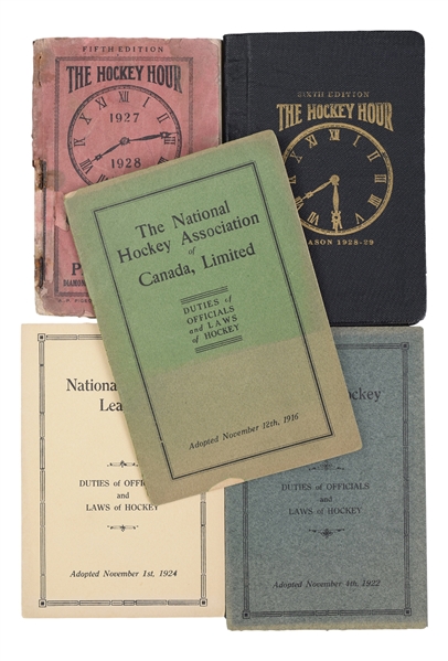 1927-28 and 1928-29 "The Hockey Hour" Guides, 1916-24 NHA / NHL Booklets, 1940s NHL Rule Books (8) Plus 9 Other Guides