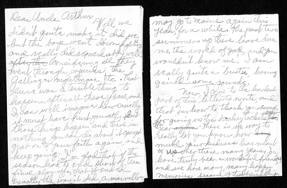 Art Ross Family Document Collection Featuring Muriel Ross Signed Letters (2) With References to Boston Bruins 1940s Don Gallinger Gambling Scandal