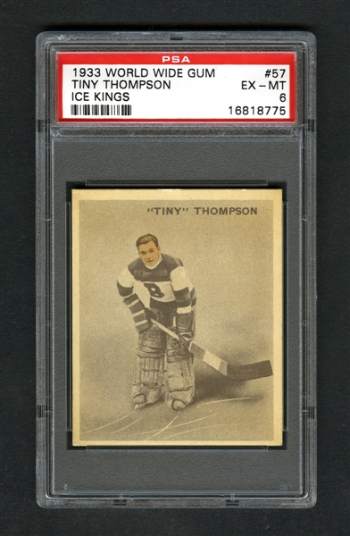 1933-34 World Wide Gum Ice Kings V357 Hockey Card #57 HOFer Cecil "Tiny" Thompson RC - Graded PSA 6
