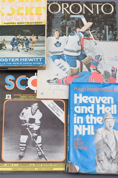 Deceased HOFers Signed Book and Program Collection of 4 with LOA - Plante, Clancy, Hewitt and Imlach