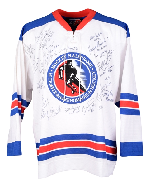 Hockey Hall of Fame Jersey Signed by 28 with Hulls, Worsley, Chelios and Others