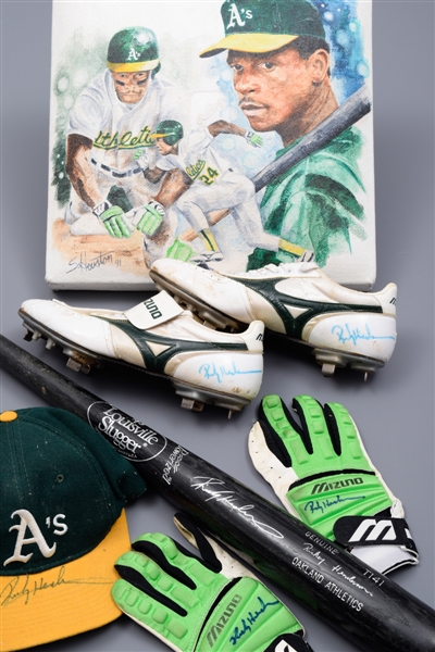 Rickey Hendersons 1990s Oakland Athletics Game-Used Equipment and Memorabilia Collection with Game-Used Bat, Cleats, Cap and Gloves