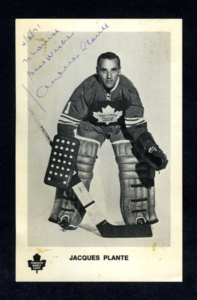 Deceased HOFer Jacques Plante Signed 1971 Toronto Maple Leafs Postcard with LOA