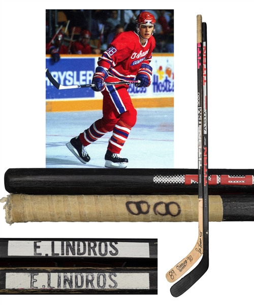Eric Lindros 1989-90 Oshawa Generals Signed Titan Game-Used Stick from OHL Rookie Season and 1991-92 Titan Game-Issued Stick