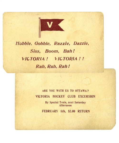 Scarce 1896 A.H.A. Montreal Victorias Fight Song Card with February 8th 1896 Train Excursion Ad for Ottawa Game