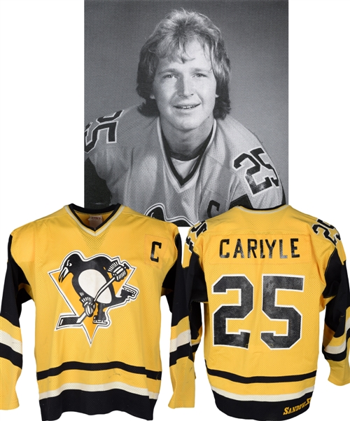Randy Carlyles Circa 1983-84 Pittsburgh Penguins "Sunday Gold" Game-Worn Captains Jersey - Team Repairs! - Photo-Matched!
