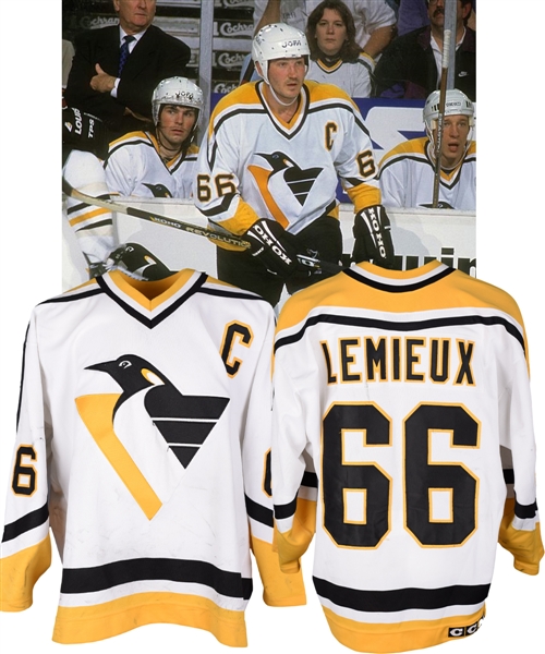 Mario Lemieuxs 1995-96 Pittsburgh Penguins Game-Worn Captains Playoffs Jersey - Art Ross Trophy, Hart Memorial Trophy and Lester B. Pearson Trophy Season! - Photo-Matched! 