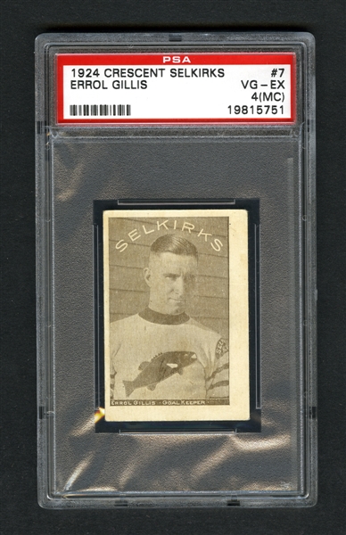 1924 Crescent Selkirks Hockey Card #7 Errol Gillis - Variation with "No." Absent on Back - Graded PSA 4 (MC) 