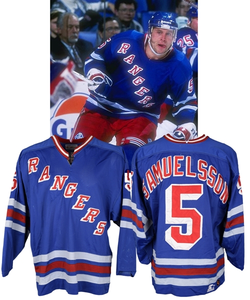 Ulf Samuelssons 1996-97 New York Rangers Game-Worn Jersey - Hammered From Fight!
