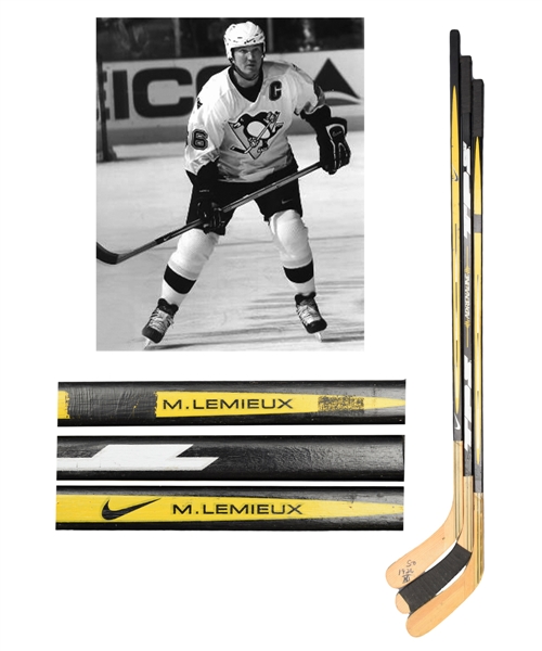 Mario Lemieuxs Early-2000s Pittsburgh Penguins Nike Game-Used Stick and Pattern Stick Plus TPS Adrenaline Test Stick