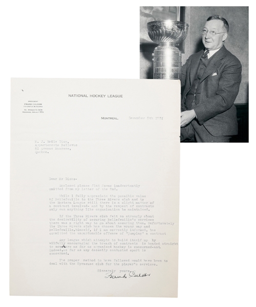 Deceased HOFer Frank Calder 1931 Signed Document on NHL Letterhead