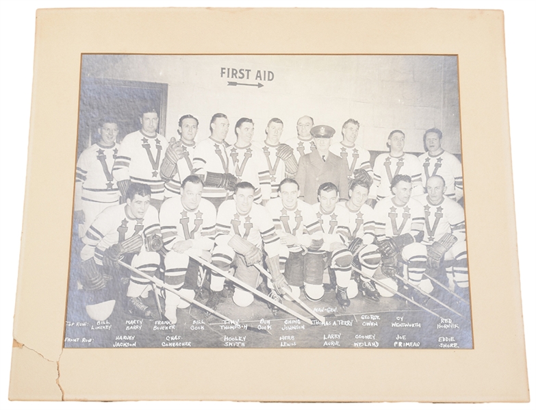 NHL All-Stars 1940s War Relief Hockey Team Photo with Shore, Boucher, Primeau, Conacher and Other Stars (14" x 17") 