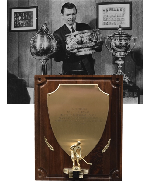 Stan Mikitas 1966-67 Chicago Black Hawks "Record-Tying 97 Points NHL Record" Trophy Plaque - Art Ross Trophy, Hart Memorial Trophy and Lady Byng Memorial Trophy Season!