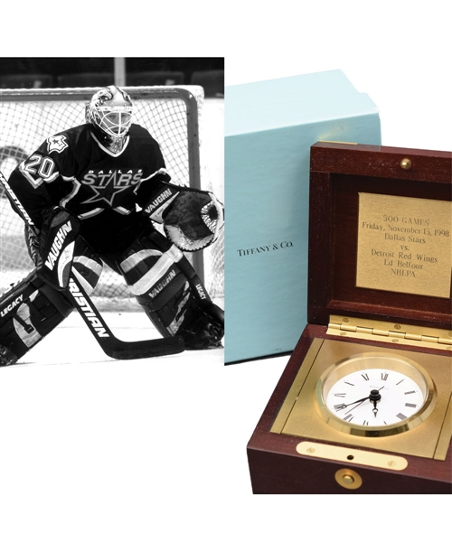 Ed Belfours 1998-99 Dallas Stars "500 Games" Tiffany & Co Presentational Clock Gifted by the NHLPA