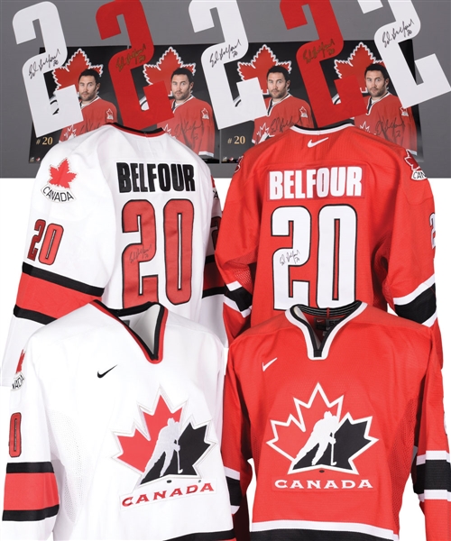 Ed Belfours 2002 Winter Olympics Team Canada Signed Jersey, Photo and Jersey Number Collection of 13