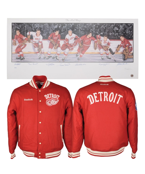 Ted Lindsays 2014 Winter Classic Jacket Plus Detroit Red Wings Lithograph Signed by 7 HOFers