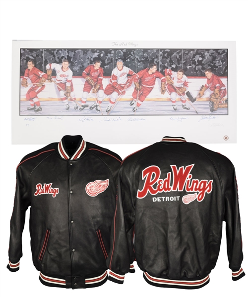 Ted Lindsays Detroit Red Wings Roots Leather Jacket Plus Detroit Red Wings Lithograph Signed by 7 HOFers