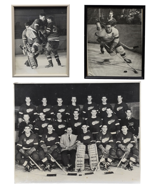 Ted Lindsays Detroit Red Wings 1954-55 Stanley Cup Champions Team Photo and Framed Action Photos (2)
