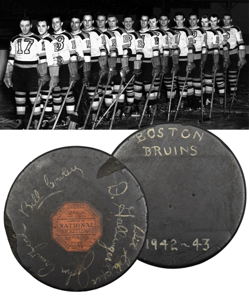 Boston Bruins 1942-43 Multi-Signed Art Ross (Andover) Game Puck with Deceased HOFers Clapper and Cowley