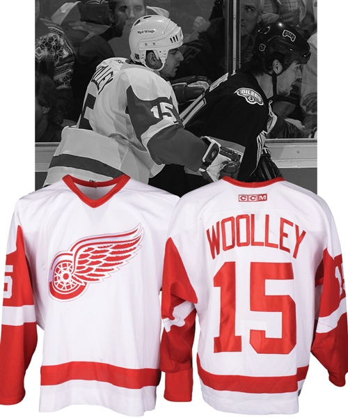 Jason Woolleys 2002-03 Detroit Red Wings Game-Worn Jersey - Team Repairs!