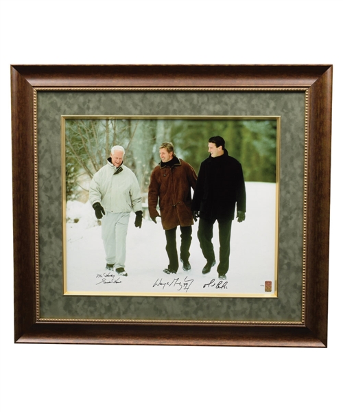 Wayne Gretzky, Gordie Howe and Mario Lemieux Triple-Signed "Pond of Dreams" Limited-Edition Framed Print on Canvas #4/199 with WGA COA (31 ½” x 35 ½”) 
