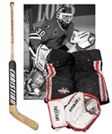 Ed Belfours 1992-93 Chicago Black Hawks Photo-Matched Brown Goalie Glove Plus Game-Worn Vaughn Pants and Christian Game-Used Stick