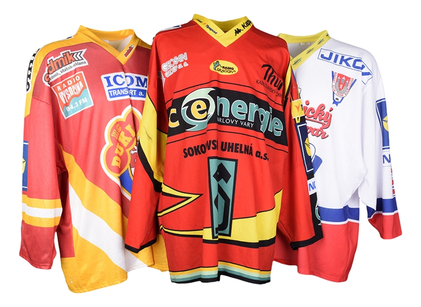 HC Karlovy Vary, HC Ceske Budejovice and HC Dukla Jihlava 2000s Czech Extraliga Hockey Game-Worn Jerseys (3)