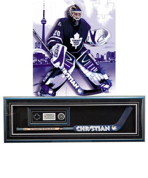 Ed Belfours October 10th 2002 "First Game and First Shutout as a Maple Leafs" Framed Display with Christian Game-Used Stick
