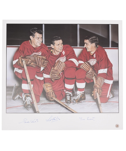 Detroit Red Wings Production Line Limited-Edition Lithograph Autographed by Howe, Abel and Lindsay with LOA (27” x 29 ½”) 