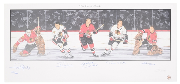 Chicago Black Hawks Limited-Edition Lithograph Autographed by 5 HOFers with LOA (18" x 39")