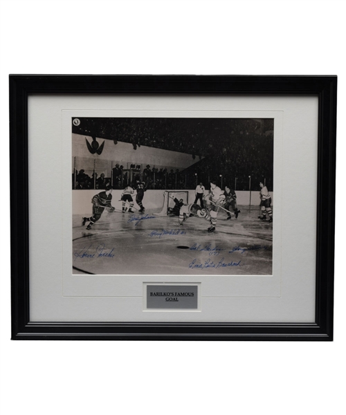 Multi-Signed Leafs/Canadiens Framed Photo of Bill Barilkos Famous 1951 Goal with LOA  (18” x 22”)