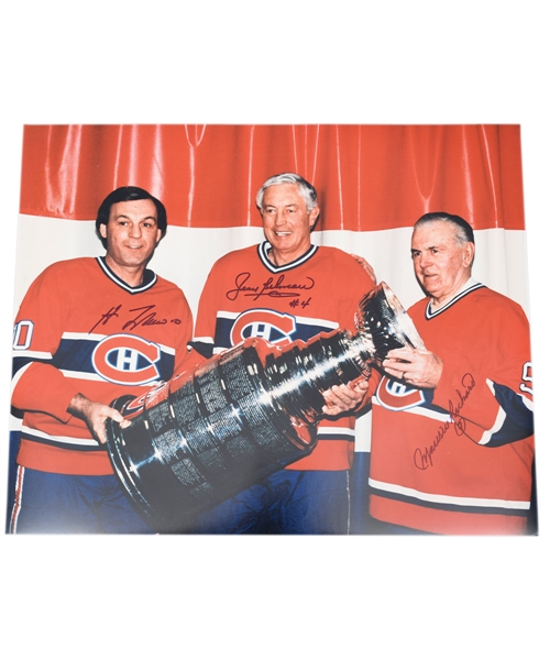 Maurice Richard, Jean Beliveau and Guy Lafleur Triple-Signed Montreal Canadiens Stanley Cup Photo with LOA (16" x 20")