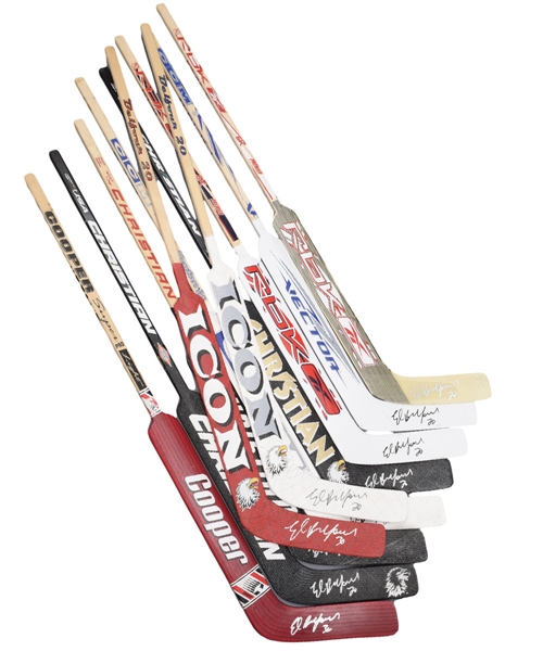 Ed Belfours Career Game-Issued/Prototype Stick Collection of 10 Including Early Black Hawks Ones