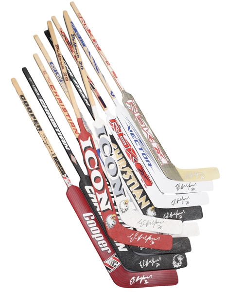 Ed Belfours Career Game-Issued/Prototype Stick Collection of 10 Including Early Black Hawks Ones