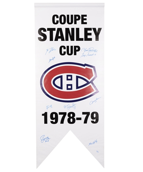 Montreal Canadiens 1978-79 Stanley Cup Limited-Edition Signed Banner by 9 Featuring 6 HOFers with LOA (20 ½” x 50”) 