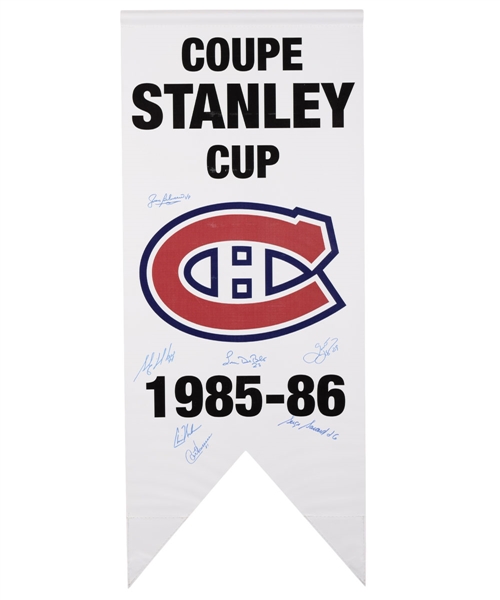 Montreal Canadiens 1985-86 Stanley Cup Banner Signed by 7 with LOA (20 ½” x 50”)