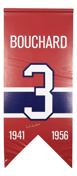 Emile Bouchard Signed Montreal Canadiens #3 Jersey Number Retirement Banner with LOA (20 ½” x 48”)