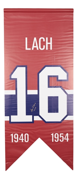 Elmer Lach Signed Montreal Canadiens #16 Jersey Number Retirement Banner with LOA (20 ½” x 48 ½”) 