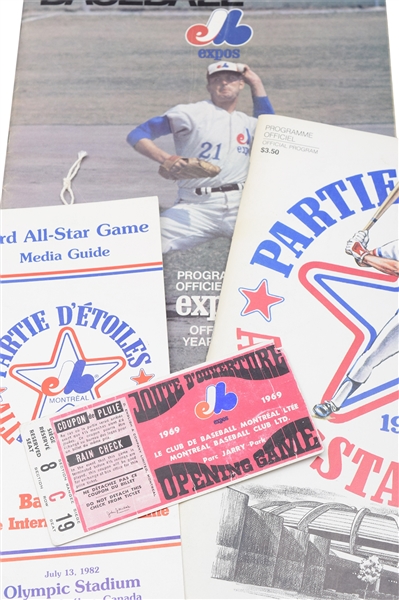 Montreal Expos 1969 First Game Ticket Stub, Yearbook and 1982 MLB All-Star Game Pieces (4)