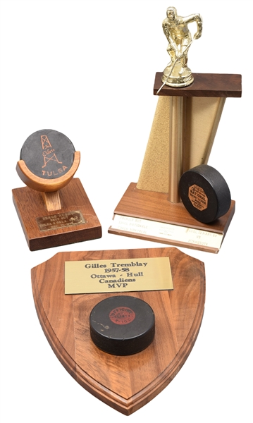 Christian Bordeleaus 1968-69 Montreal Canadiens 1st NHL Goal Art Ross Trophy Puck Plus Serge Aubrys and Gilles Tremblays Trophy Pucks