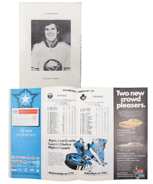 Tim Horton 1974 Funeral Program Plus Feb. 20th 1974 Maple Leafs vs Sabres Program - Tim Hortons Last NHL Game before Deadly Car Crash