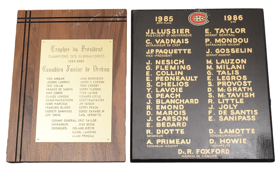 Verdun Junior Canadiens 1984-85 QMHJL President Trophy Plaque, 1985-86 Montreal Forum Plaque and Team Photos (4) - Claude Lemieux