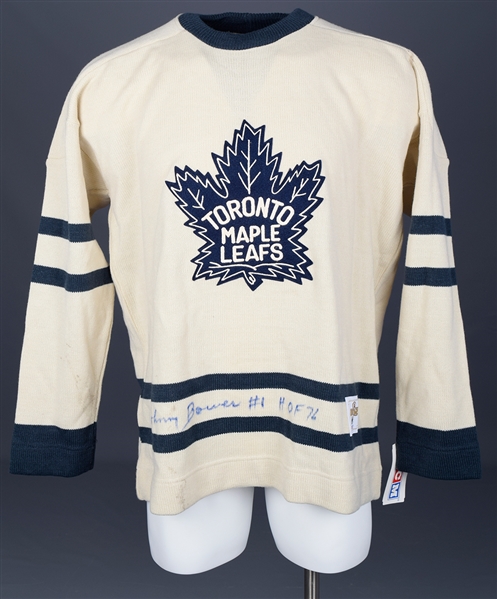 Johnny Bower Signed Maple Leafs Wool Jersey, Banner and Mini-Stick Collection of 11 with LOA