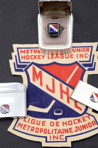 Camil Desroches Circa 1950s MJHL Sterling Hockey Ring Plus Money Clip, Lighter and Crest