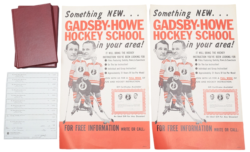 Gadsby / Howe Hockey School 1960s Signs, Gadsby Signed Cheques and Dual-Signed Book