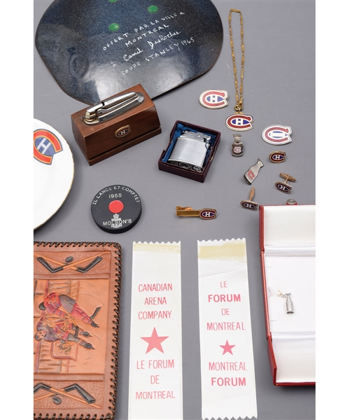 Camil Desroches Vintage Montreal Canadiens Memorabilia Collection of 18 with Pins, Cufflinks, Souvenirs and 1965 Stanley Cup Plate