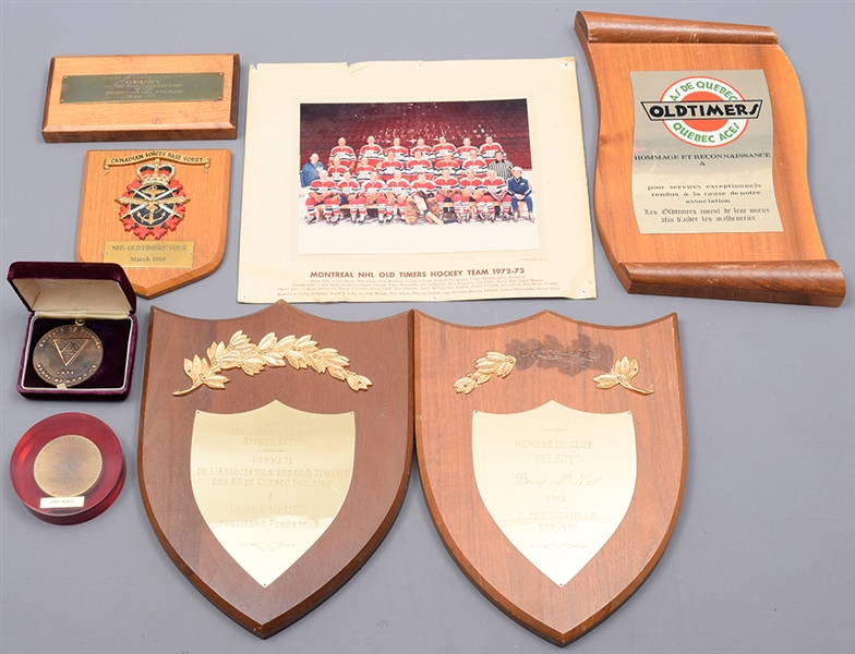 Gerry McNeils Award, Trophy and Memorabilia Collection of 8 with 1973 NHL Oltimers Hockey Medal and Team Photo