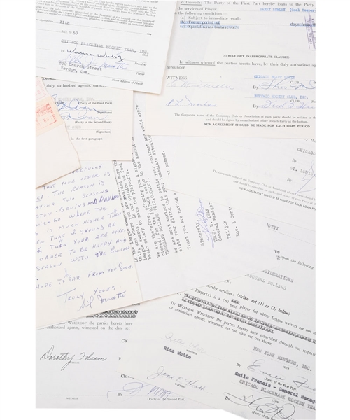 Chicago Black Hawks 1956-73 NHL Contract and Official Document Collection of 7 Including Signatures of Deceased HOFers William Wirtz, Tommy Ivan and Clarence Campbell with LOA